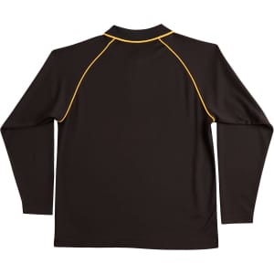 A black long-sleeve polo shirt with yellow piping and a collar. Features a logo on the back.