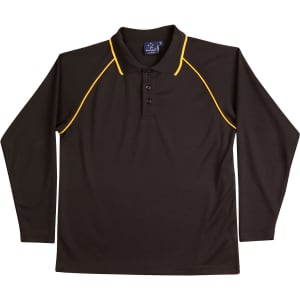 A brown long-sleeve polo shirt with yellow piping and a branding logo. Suitable for kids.
