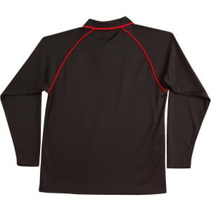 A black long-sleeve polo shirt with red detailing, featuring a collar and a logo.