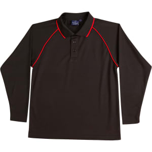 A brown long-sleeve polo shirt with red piping and a collar, featuring a logo on the chest area.