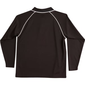 A black long-sleeve polo shirt featuring contrast white piping and a collar, displaying the back view.