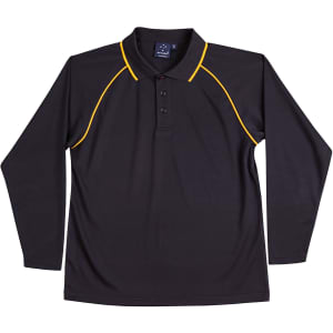 A black long sleeve polo shirt with yellow accents and a logo on the chest.
