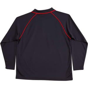 A black long-sleeve polo shirt featuring red piping and a logo on the back.