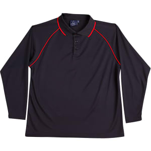 A black long-sleeve polo shirt with red contrast stitching and a logo.