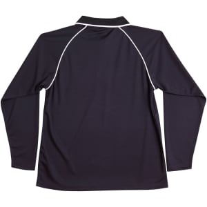 A navy long-sleeved polo shirt featuring contrasting white piping and a collar, with a logo on the back.