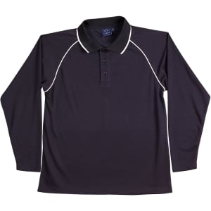 A black long-sleeve polo shirt with white piping and a collar, featuring buttons and a logo.