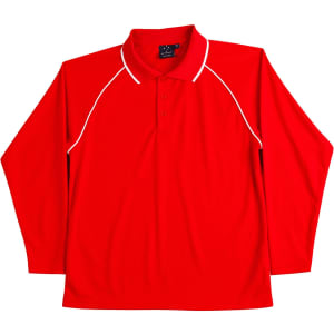 A red long-sleeve polo shirt with a contrasting white trim and a collar. It has a logo on the chest.