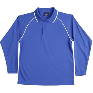 A long-sleeve polo shirt in blue with contrasting white piping and a buttoned collar. It features a logo.