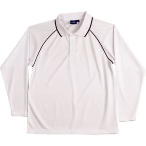 A long-sleeve white polo shirt with black trim and a logo.
