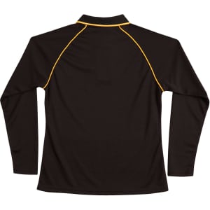 A black long-sleeve polo shirt with contrasting yellow stitching and a collar, featuring a logo on the front.