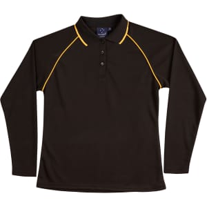 A black long-sleeve polo shirt with yellow piping and a collar, featuring a logo.