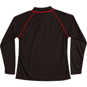 A black long-sleeve polo shirt with red accents and a logo on the back.