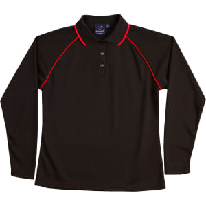 A black long-sleeve polo shirt with red piping and a collar. It features a logo on the front.