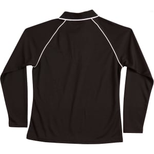 A black long-sleeve polo shirt featuring raglan sleeves and contrasting piping, with a logo present.