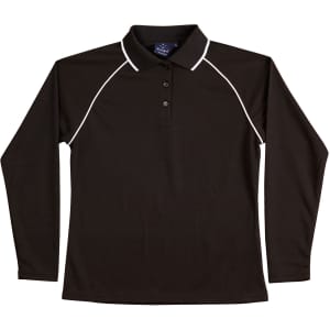 A black long-sleeve polo shirt with raglan sleeves and white piping. It features a collar and buttons, with a logo.
