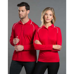 A red ladies' long-sleeve polo shirt with white accents, displayed on a model alongside a male model in a matching style.