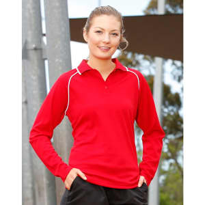 A red long-sleeved polo shirt with a contrasting trim and a logo. The model is smiling outdoors.