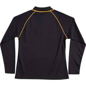 A black long-sleeve polo shirt featuring yellow raglan seams and a collar. It has a logo on it.