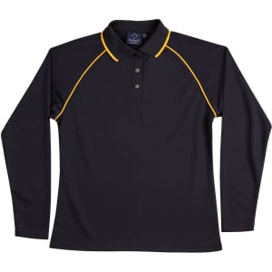 A black long-sleeve polo shirt with yellow detailing, featuring a collar and buttons. It has a logo on it.