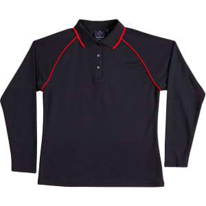 A black long-sleeve polo shirt with red accents and a collar, featuring a logo on the chest.