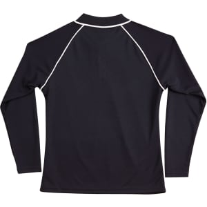A black ladies' long-sleeve polo shirt with white piping and a collar, featuring a logo on the back.
