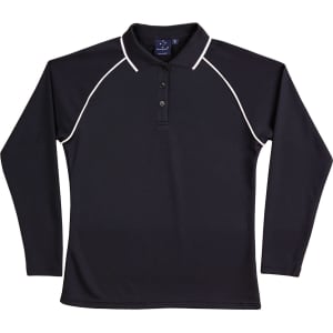 A black long-sleeve polo shirt with raglan sleeves, featuring white piping and a collar. It has a logo on the chest.