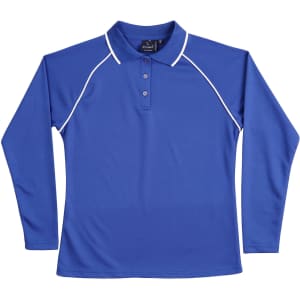 A long-sleeved ladies' polo shirt in vibrant blue with white piping and a collar, featuring a logo.