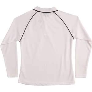 A long-sleeve white polo shirt with a black trim and a logo on the back.