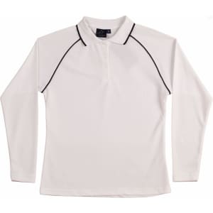 A long-sleeve white polo shirt featuring black piping and a logo on the collar.