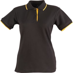 A black ladies' polo shirt with yellow accents, featuring a collar and short sleeves, has a logo.