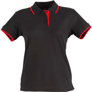 A black polo shirt with red collar and sleeve detailing, featuring a logo on the chest area.