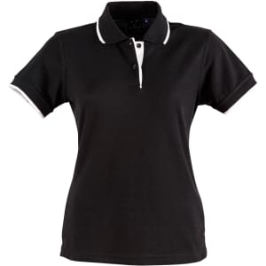 A black ladies' polo shirt with contrasting white collar and sleeve trims. It features a logo on the chest.