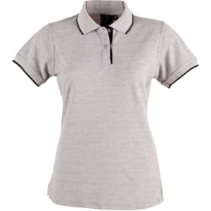 A grey ladies' polo shirt featuring a black collar and trim, with a button placket and logo at the chest.
