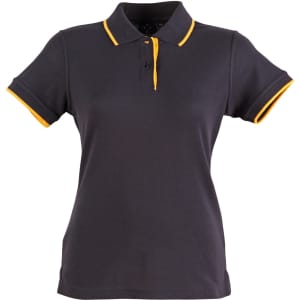 A women's polo shirt in navy blue with yellow detailing on the collar and sleeves. It has a logo on it.
