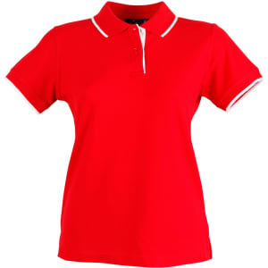 A red ladies' polo shirt with a collar and white trim, featuring a small logo on the chest.