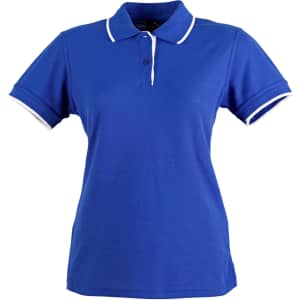 A ladies' polo shirt in blue with white detailing on the collar and sleeves, featuring a logo.