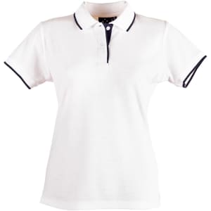 A white polo shirt featuring a collar with navy detailing and a logo.