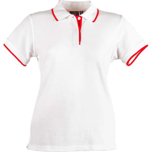 A white polo shirt with red collar and sleeve trims, featuring a logo on it.