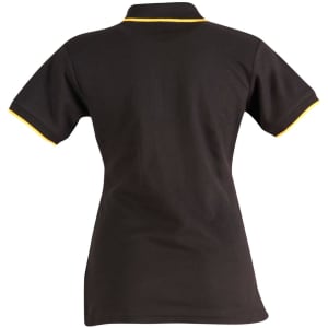 A black polo shirt featuring yellow detailing on the collar and sleeves, with a logo on the back.