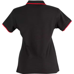 A black ladies' polo shirt with a red collar trim and a logo on the back.
