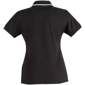 A black polo shirt with a contrasting white collar and detailing, featuring a fitted design and short sleeves.
