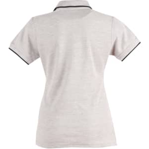 A light grey polo shirt with a black collar and cuff trim, featuring a logo on the chest.