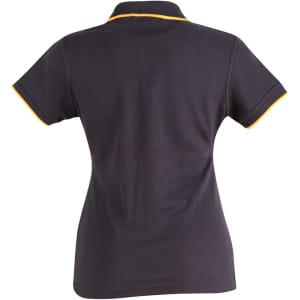 A black ladies' polo shirt featuring contrasting yellow trim, showcasing a fitted design and collar.