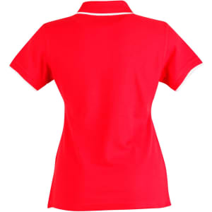 A red ladies' polo shirt with a classic collar and short sleeves, featuring contrasting trim and a logo.