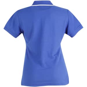 A blue polo shirt with a classic collar and short sleeves, featuring a logo on the front.