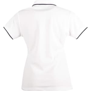 A white ladies' polo shirt featuring a contrasting collar and sleeve trim, with a logo on the chest.