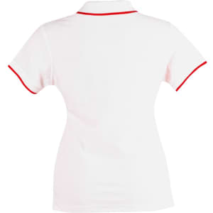 A white ladies' polo shirt featuring red trim on the collar and sleeves, with a logo on the side.