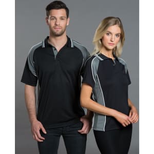 A black and grey men's polo shirt featuring a logo, modelled by a man and woman.
