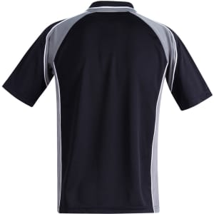 A black polo shirt with grey accent panels and a collar, featuring a logo on the front.