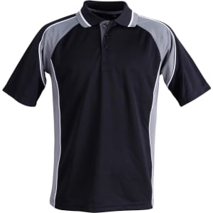 A black and grey men's polo shirt featuring a logo and contrasting side panels.
